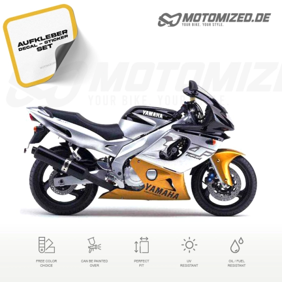 Yamaha YZF-600R 2000 with Black/Silver/Gold Motorcycle Decals