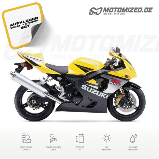 Suzuki GSX-R 750 2005 in gelb/schwarz mit Aufkleber-Dekor